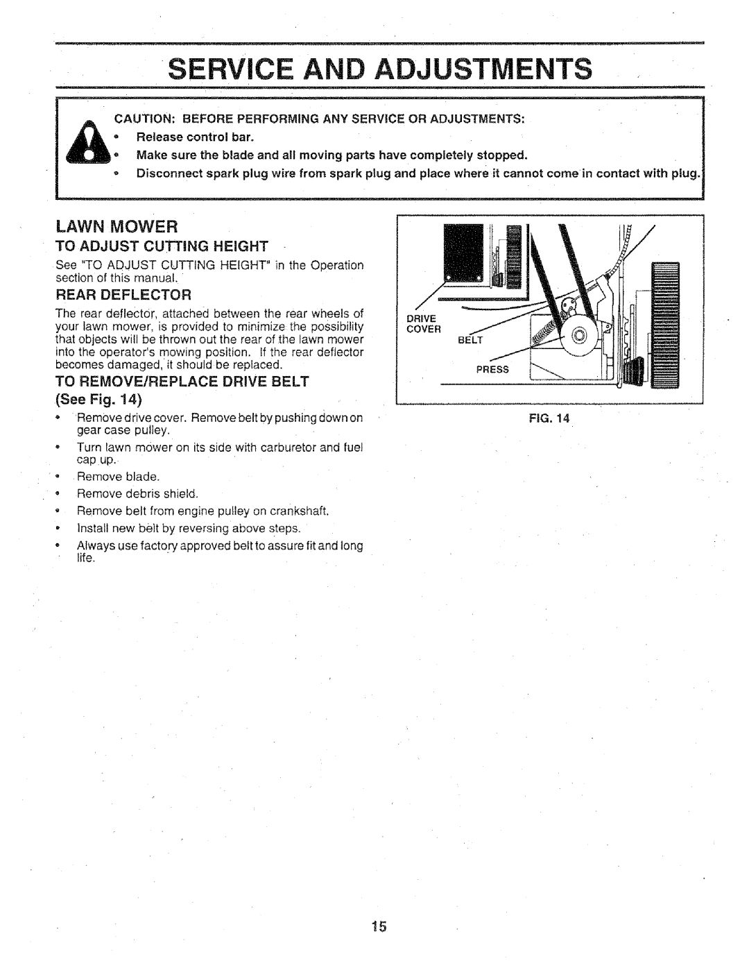 Craftsman 917.3773 Rvice And Adju Ents, To Adjust Cutting Height, Rear Deflector, Release control bar, Lawn Mower, FiG 