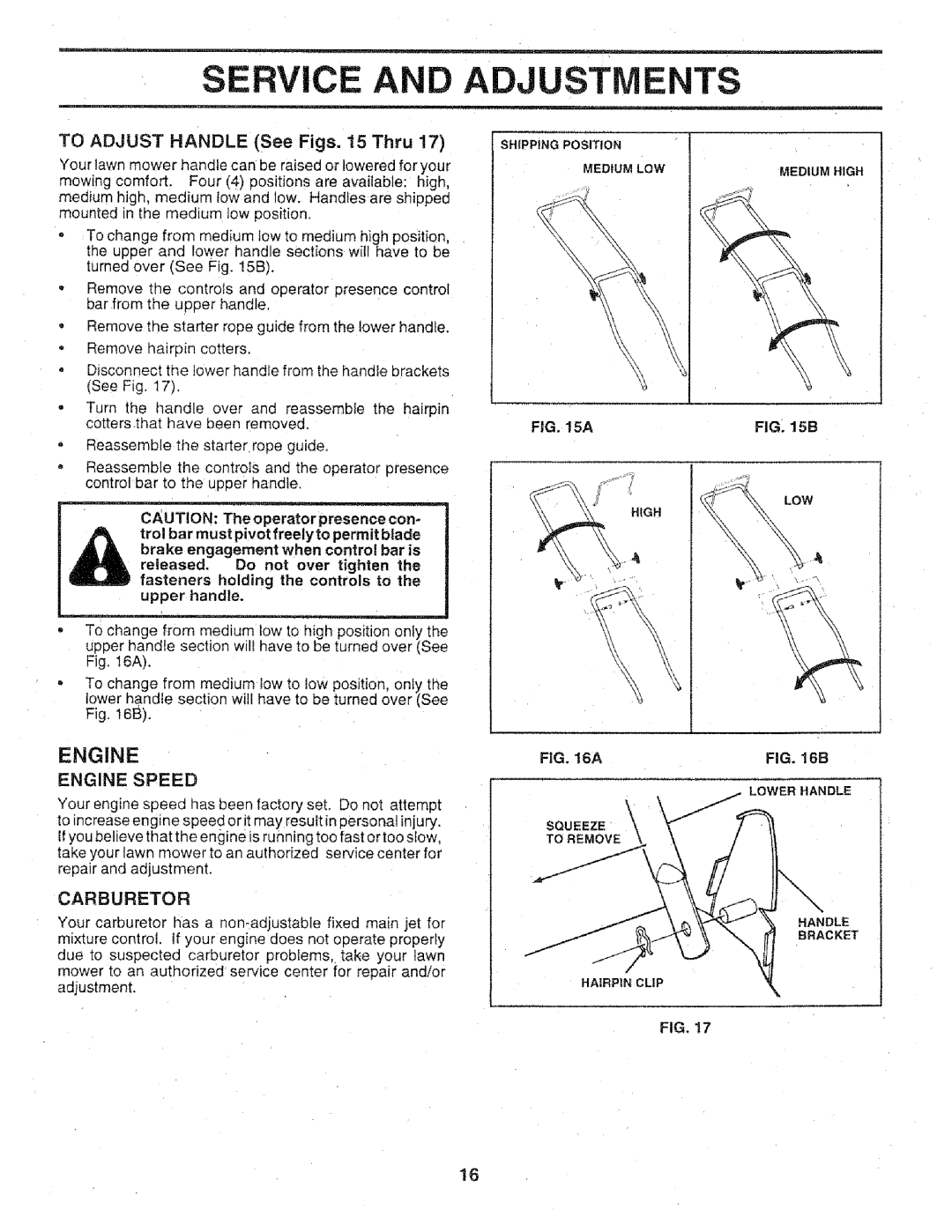 Craftsman 917.3773 manual Adjustments, TO ADJUST HANDLE See Figs. 15 Thru, Engine Speed, B, Service 
