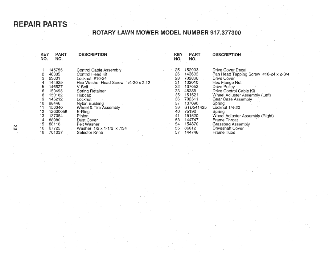 Craftsman 917.3773 manual Key Part, Description, Repair Parts, Rotary Lawn Mower Model Number 
