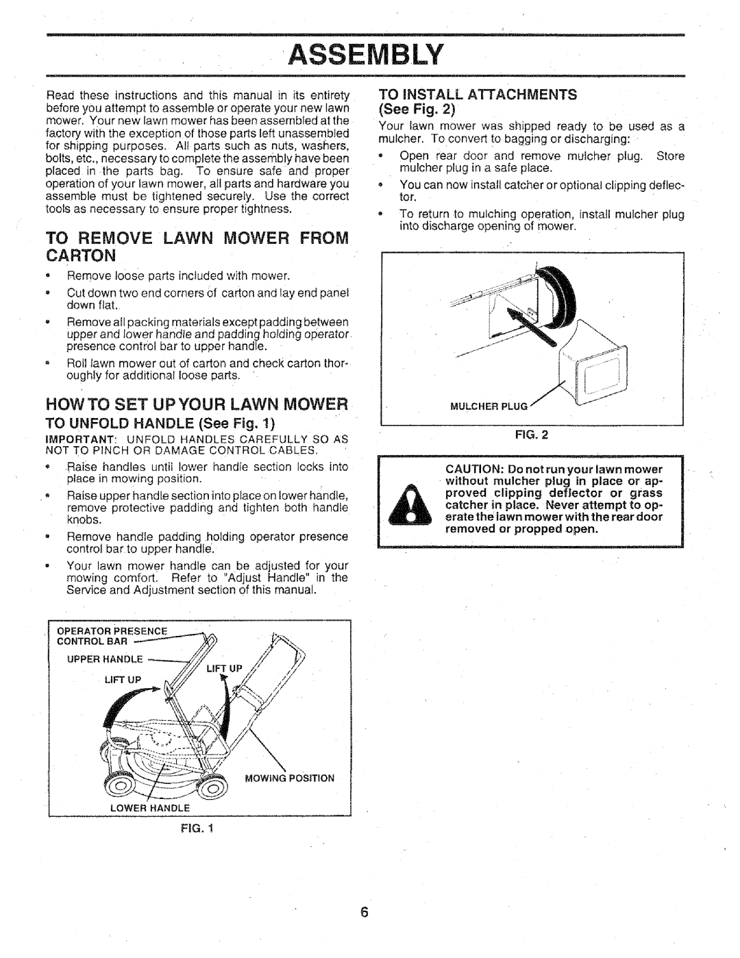 Craftsman 917.3773 manual Mbly, To Remove Lawn Mower From, Carton, Howto Set Upyour Lawn Mower, TO UNFOLD HANDLE See Fig 