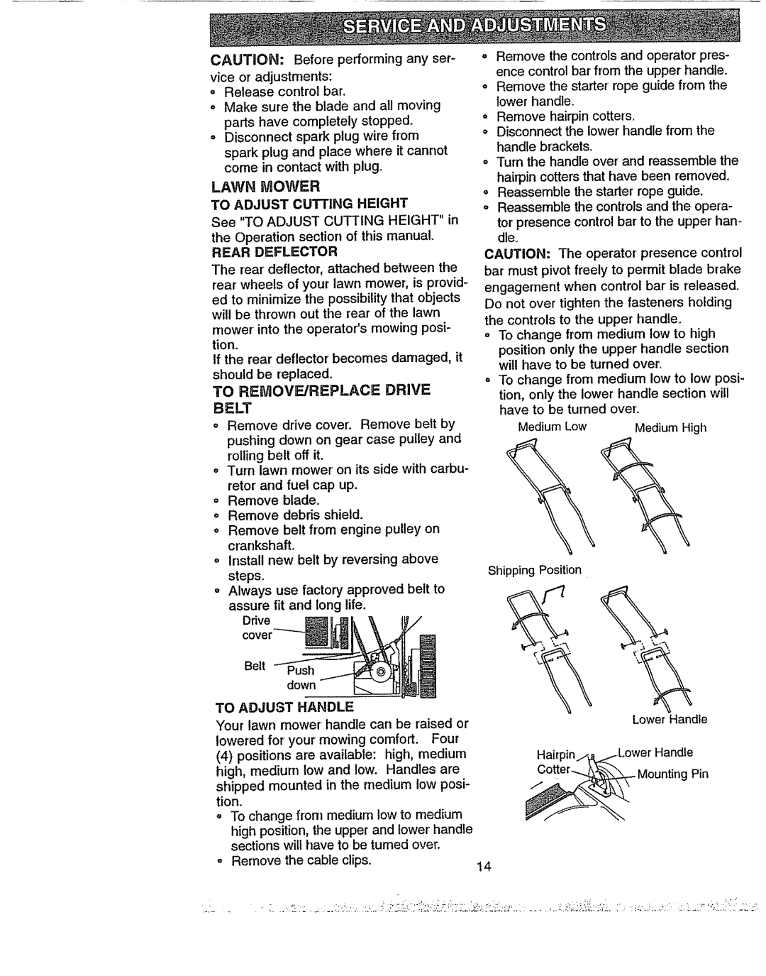 Craftsman 917.37742 owner manual Lawn Mower To Adjust Cutting Height, Rear Deflector, Belt, Down 