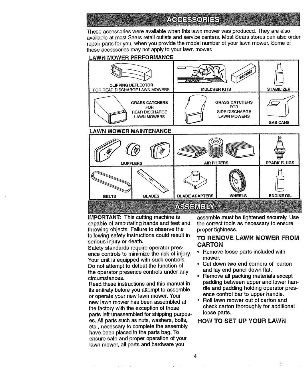 Craftsman 917.37742 owner manual Lawn Mower Performance, Lawn Mower Maintenance, To Remove Lawn Mower, Carton 