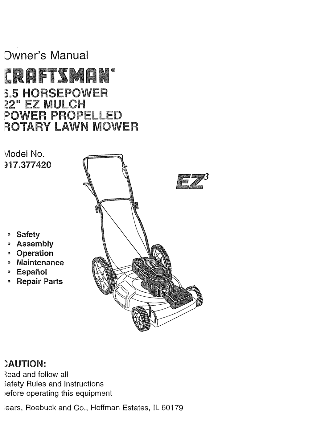 Craftsman 917.37742 owner manual Vlodel No, Horsepower Ez Mulch Power Propelled, Rotary Lawn Mower, AUTnON 