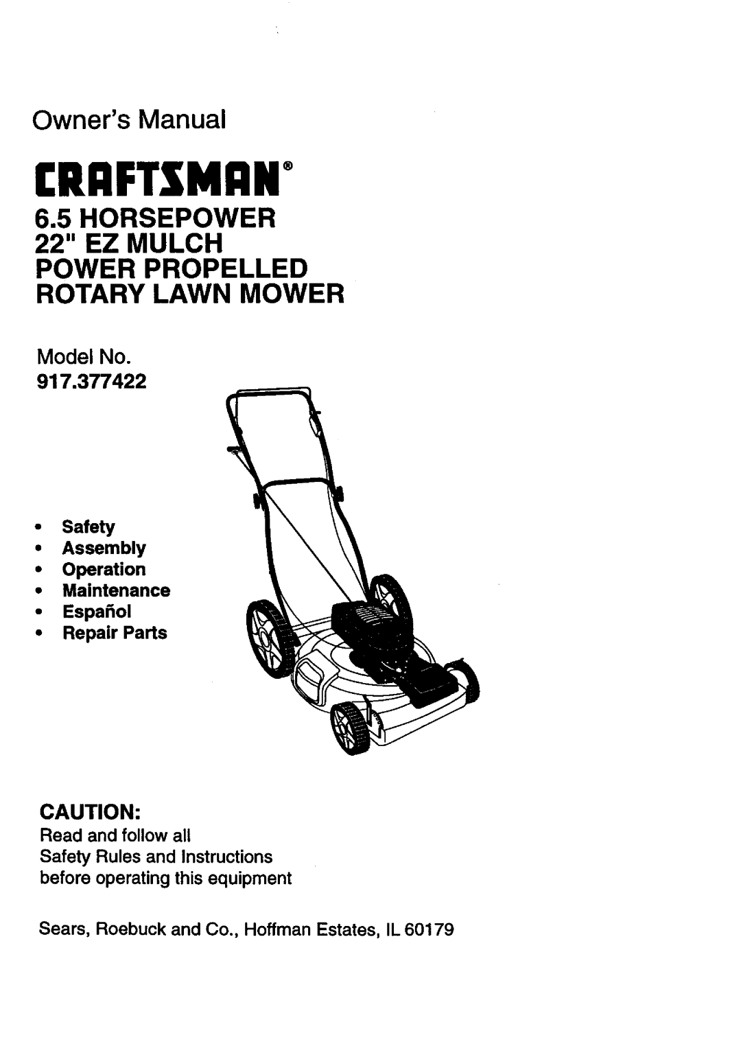 Craftsman 917.377422 owner manual Craftsman, Seam, Roebuck and Co., Hoffman Estates, IL 