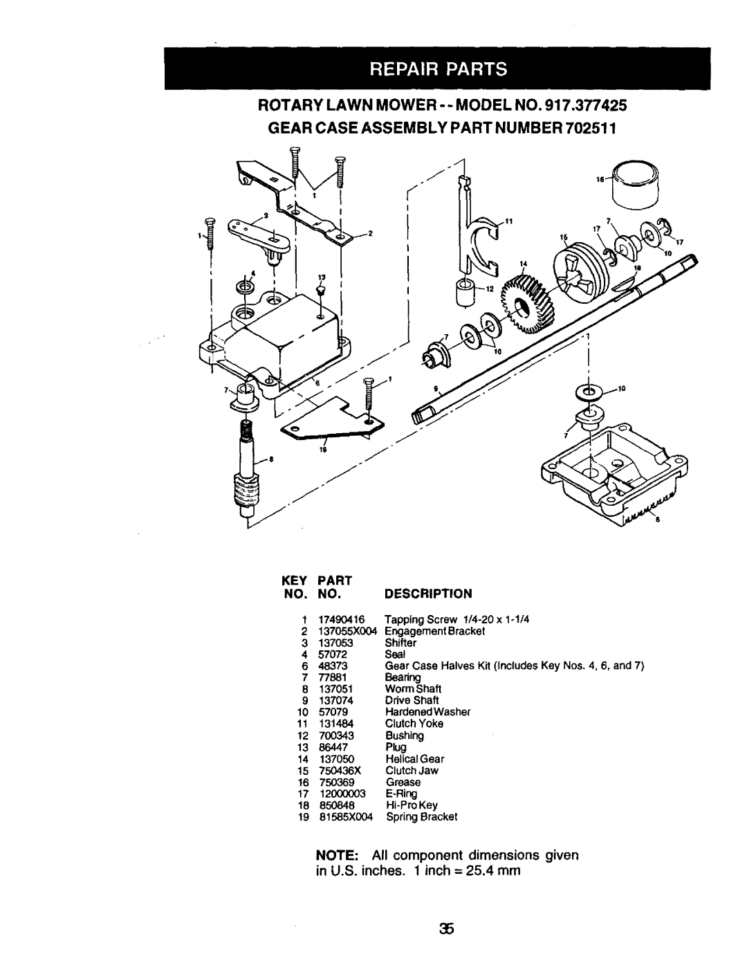 Craftsman 917.377425 owner manual Rotary Lawn Mower --MODEL no Gear Case Assembly Part Number, KEY Part Description 