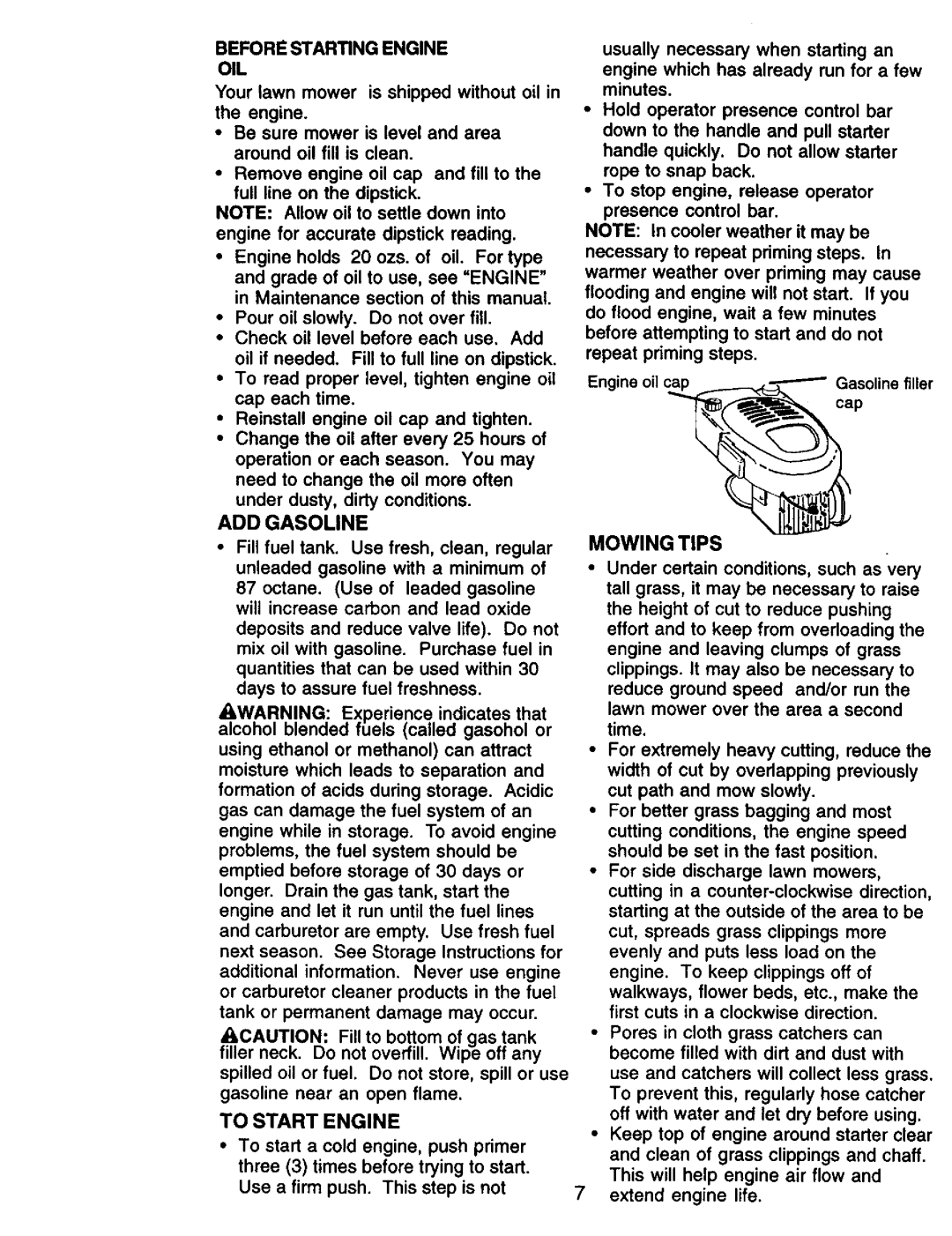 Craftsman 917.377425 owner manual Mowing Tips, To Start Engine, Before Starting Engine OIL, ADD Gasoline 