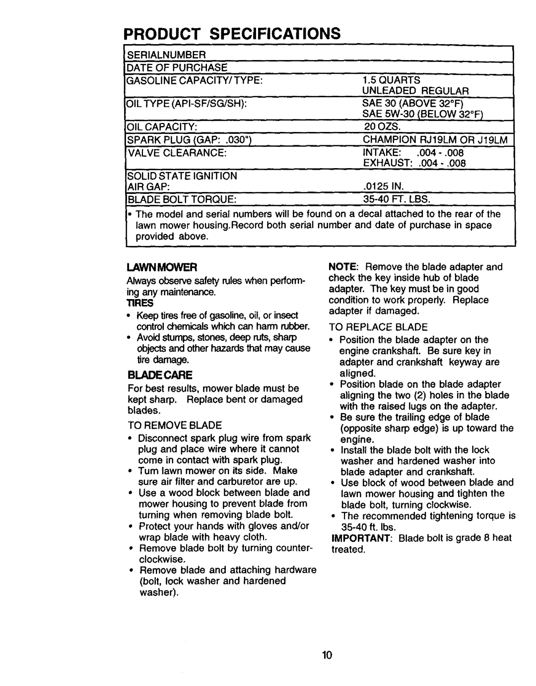 Craftsman 917.377425 owner manual Bladecare, Product Specifications 