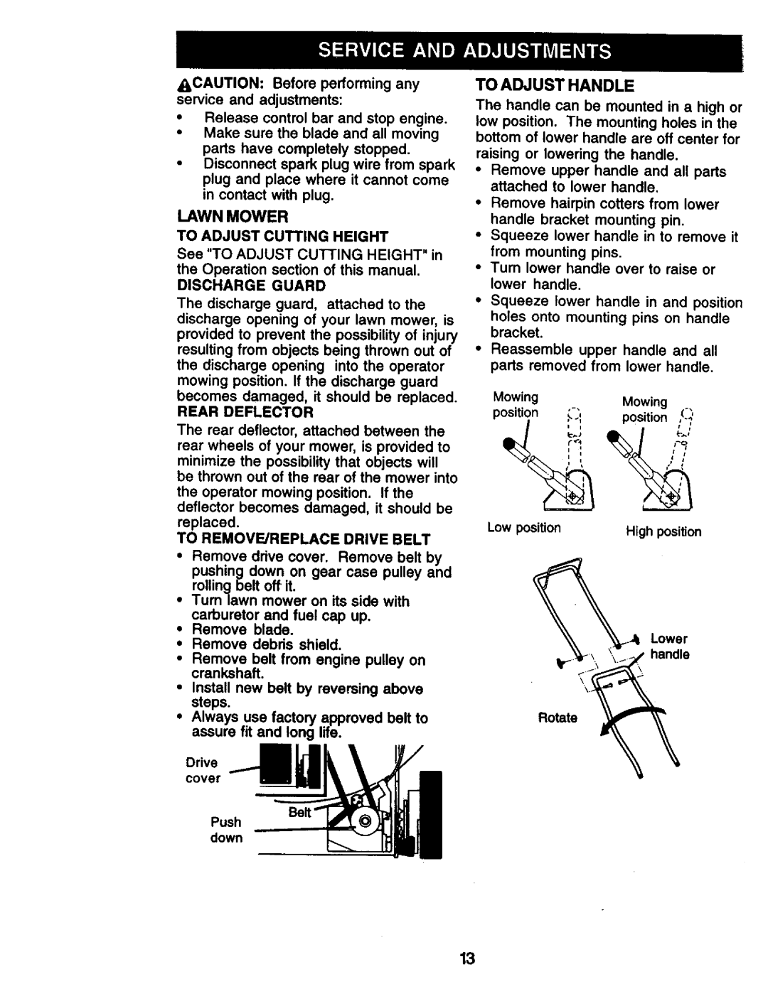 Craftsman 917.377425 owner manual To Adjust Handle, Lower handle 