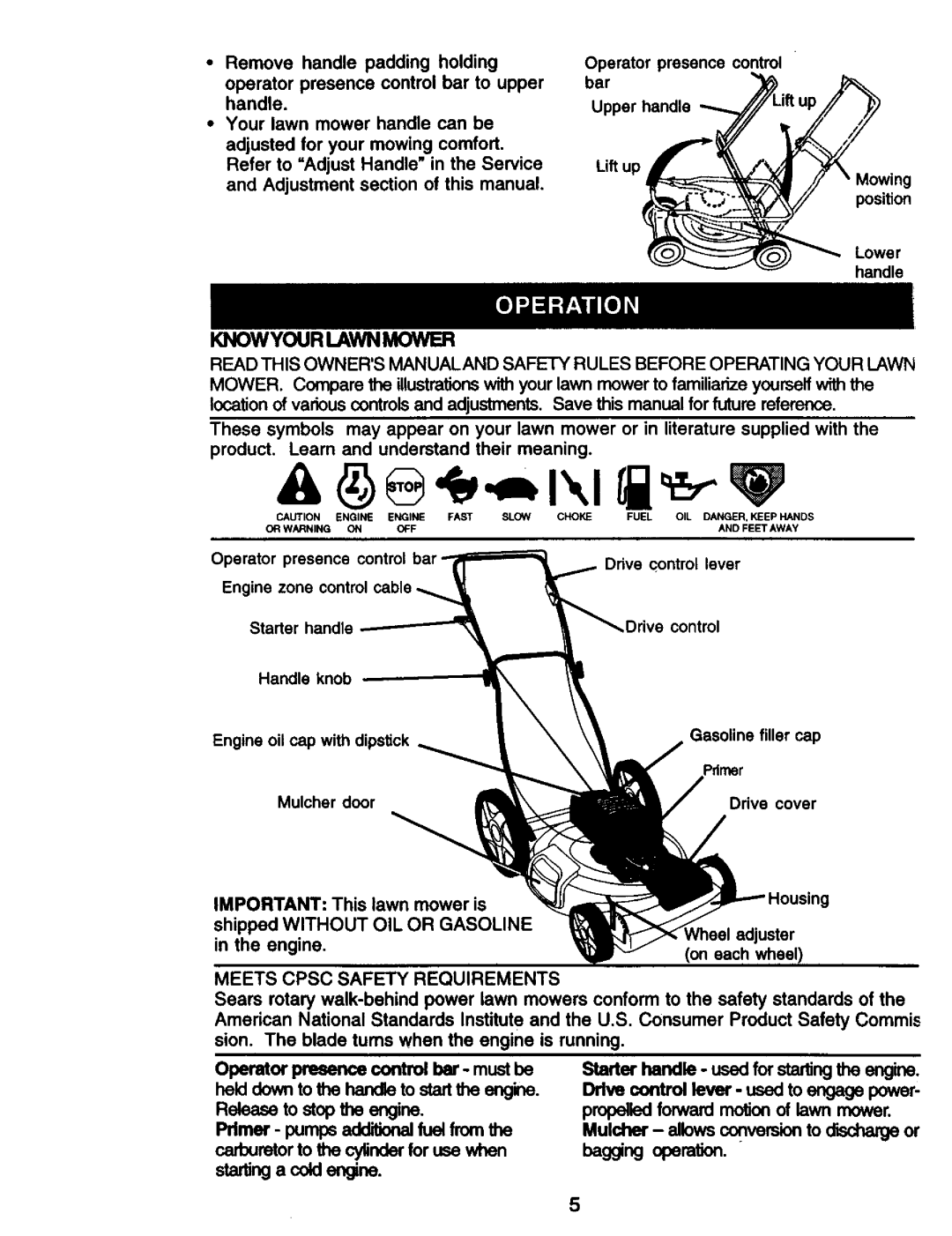 Craftsman 917.377425 owner manual Knowyour Lawnmower, bag ng operaUon, a coldengine 
