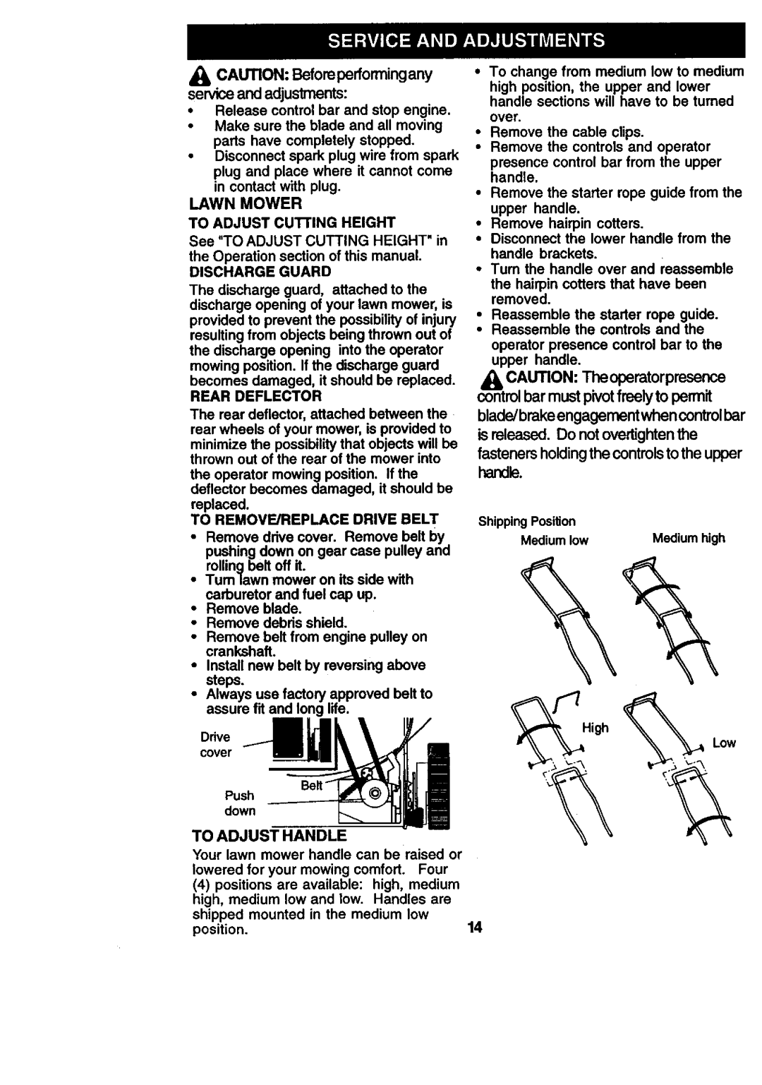 Craftsman 917.377431 manual Lawn Mower, Discharge Guard, Rear Deflector, To REMOVE/REPLACE Drive Belt, To Adjust Handle 