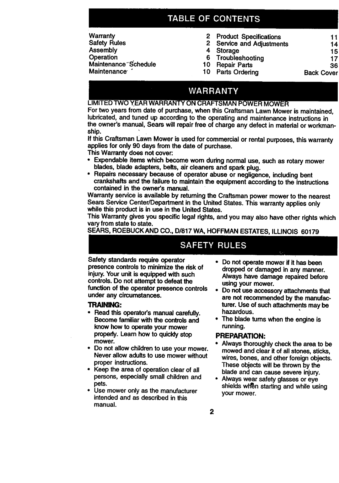 Craftsman 917.377431 Limited TWO Year Warranty on Craftsman, SEARS, Roebuckand CO., D/817 WA, Hoffman ESTATES, Illinois 