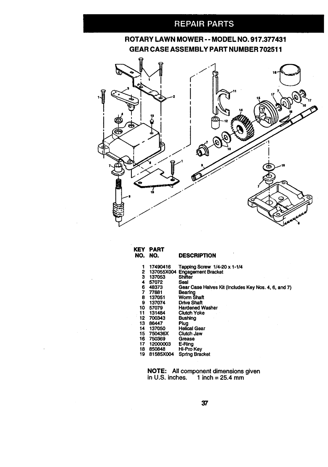 Craftsman 917.377431 manual Rotary Lawn Mower --MODEL no Gear Case Assembly Part Number, U.S. inches Inch = 25.4 mm 