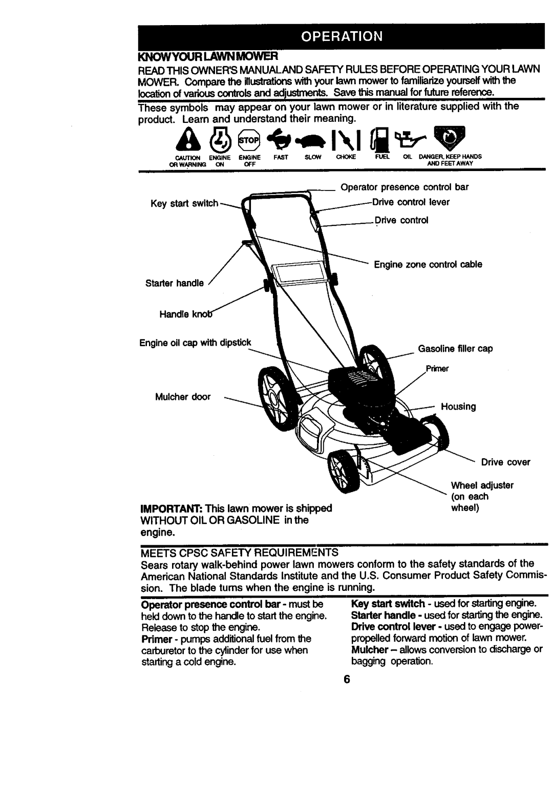 Craftsman 917.377431 manual Know Your Lawn Mower, Meets Cpsc Safety Requirements 