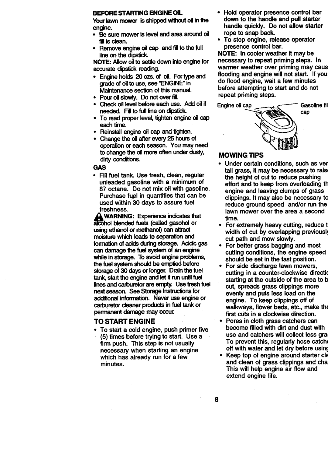 Craftsman 917.377431 manual Mowing Tips, Before Starrngengine OIL, Gas, To Start Engine 