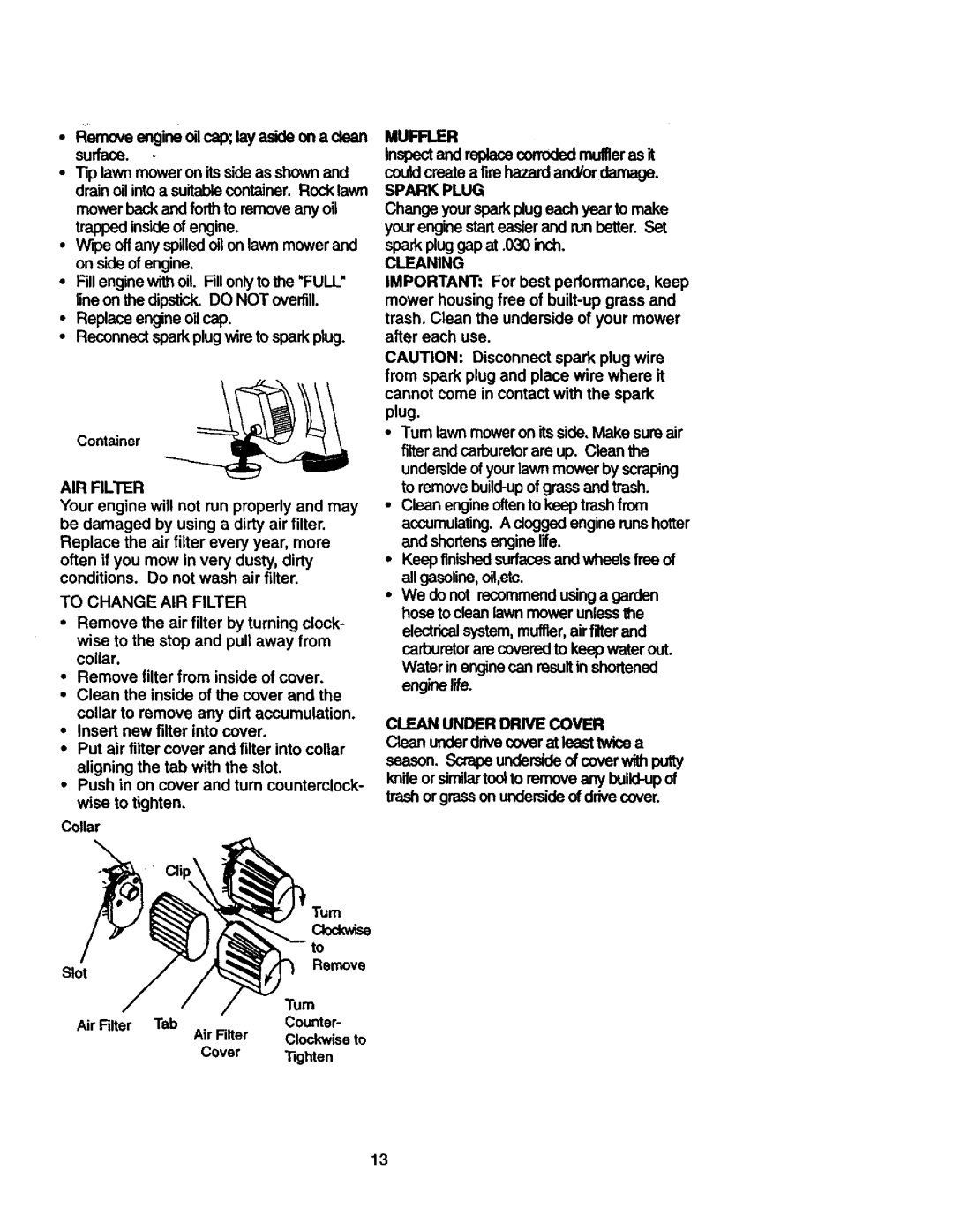 Craftsman 917.377542 owner manual AIR Filter, Slot Remove, Air Filter Tab, Muffler, Cleaning 