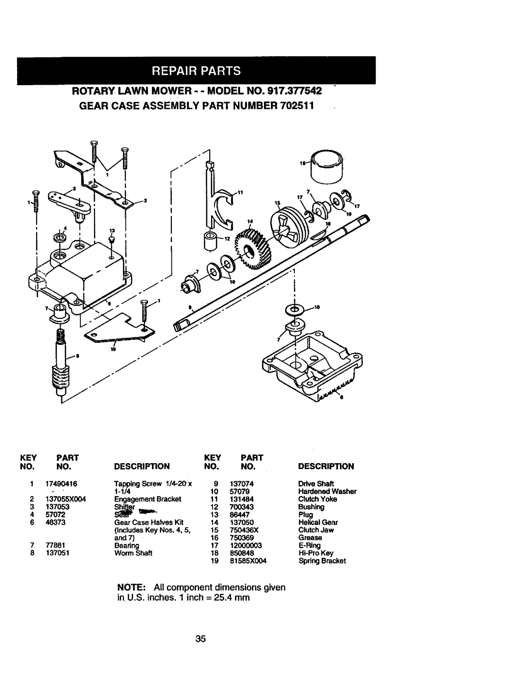 Craftsman 917.377542 owner manual Rotary Lawn Mower - Model no Gear Case Assembly Part Number, KEY Part Description 