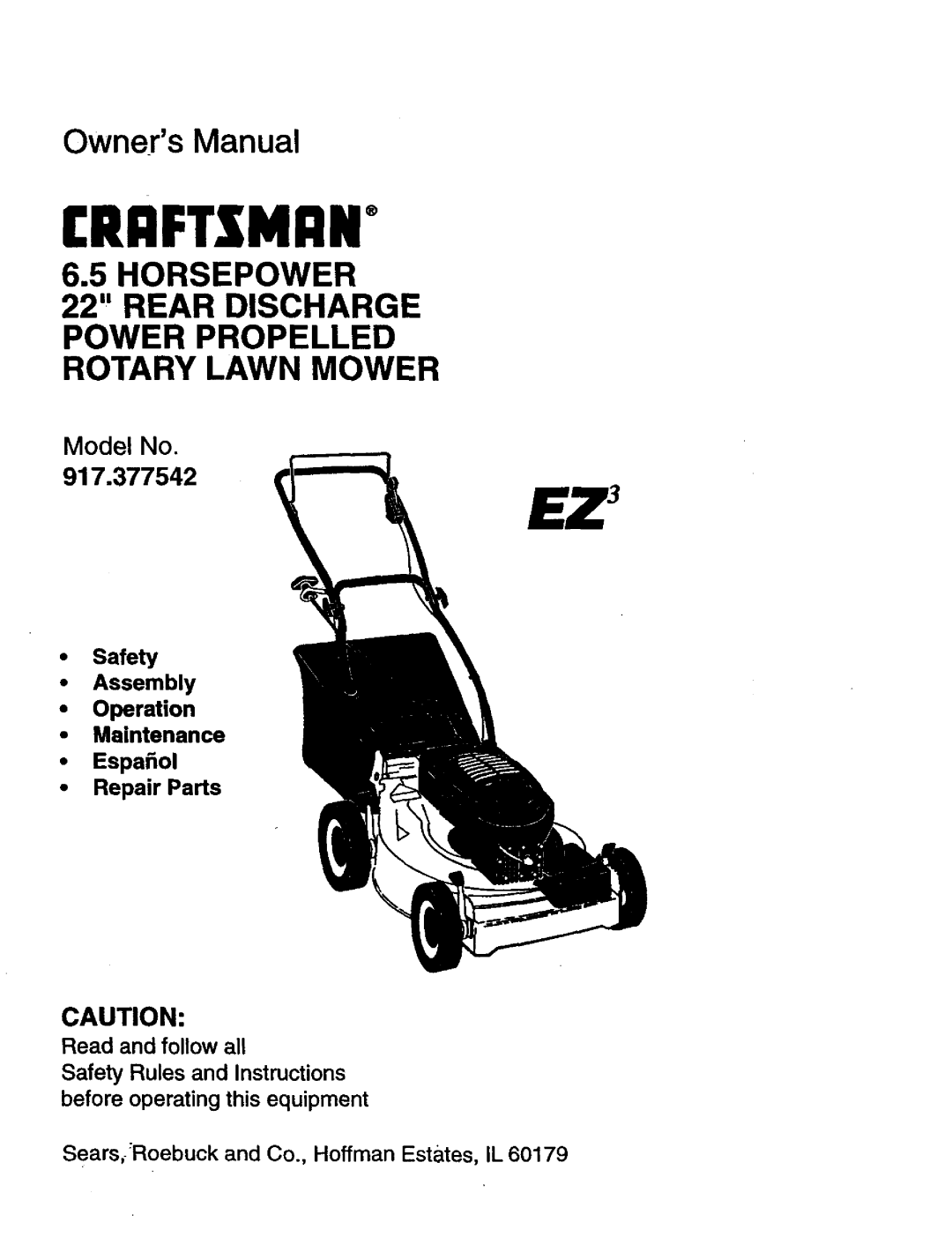 Craftsman 917.377542 owner manual Model No, Safety Assembly Operation Maintenance, Espafiol Repair Parts, Craftzman 