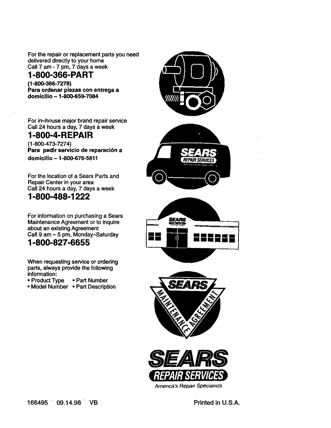 Craftsman 917.377542 owner manual Part, 166495, Sears, Repair, mmmmm, Amencas Repaor Specialists 