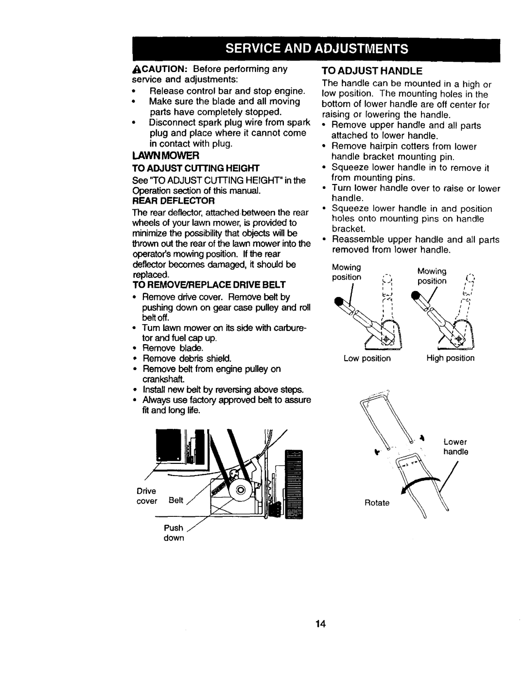 Craftsman 917.377544 owner manual Lawn Mower, Rear Deflector, To Adjust Handle 