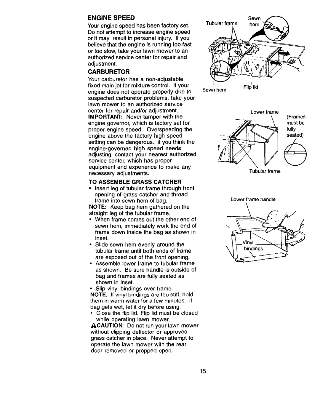 Craftsman 917.377544 owner manual Engine Speed, Carburetor, To Assemble Grass Catcher, Slip vinyl bindings over frame 