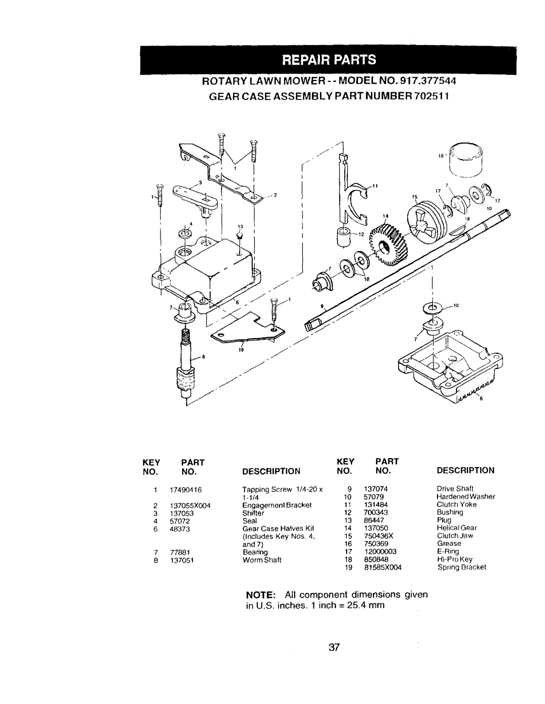 Craftsman 917.377544 owner manual Rotary Lawn Mower - Model no Gear Case Assembly Part Number, KEY Part 