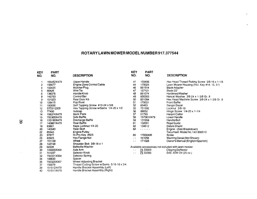 Craftsman 917.377544 owner manual KEY Part NO. no, KEY Part Description 