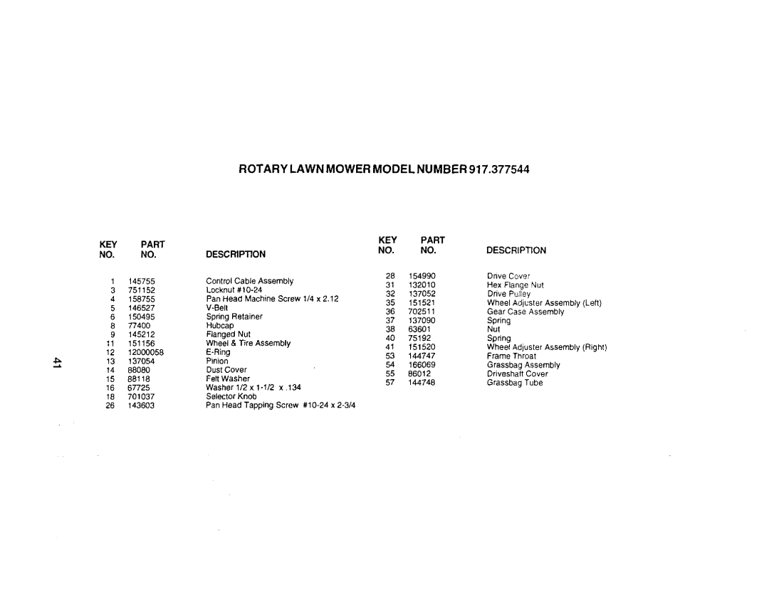 Craftsman 917.377544 owner manual Rotary Lawn Mower Mode L NU Mber, Locknut #10-24 