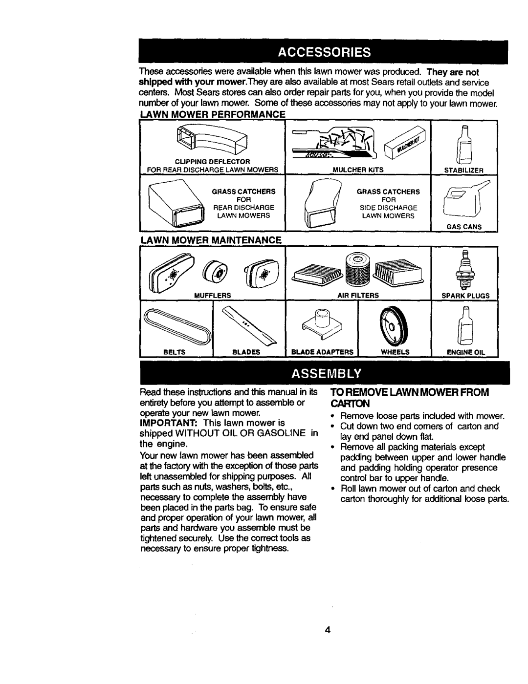 Craftsman 917.377544 owner manual To Remove Lawn Mower from Carton, Lawn Mower Maintenance, Lawn Mower Performance 