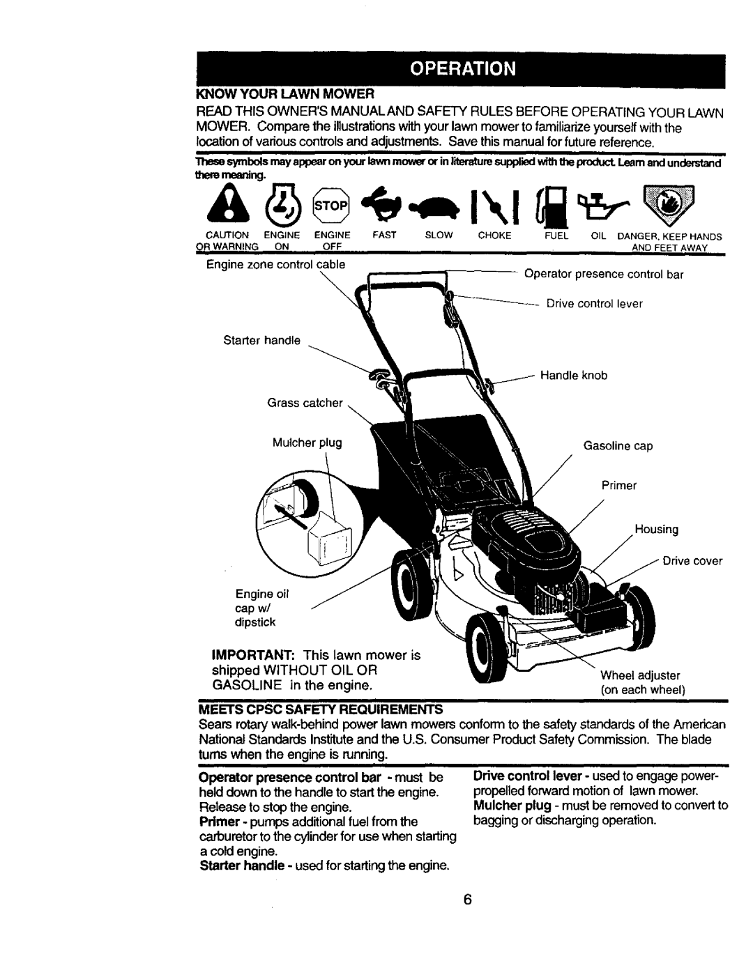 Craftsman 917.377544 owner manual Know Your Lawn Mower, Cap w, Gasoline in the engine, Meets Cpsc Safety Requirements 