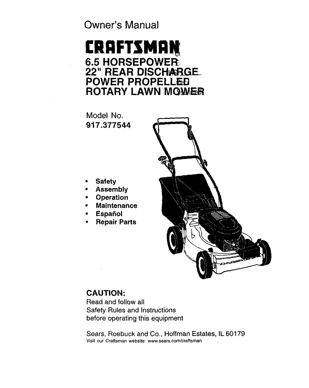 Craftsman 917.377544 owner manual Model No, CRnFTSMnN, 6.5HORSEPOWER! 22 REAR DISCH, Power Propelled Rotary Lawn Mq / E 