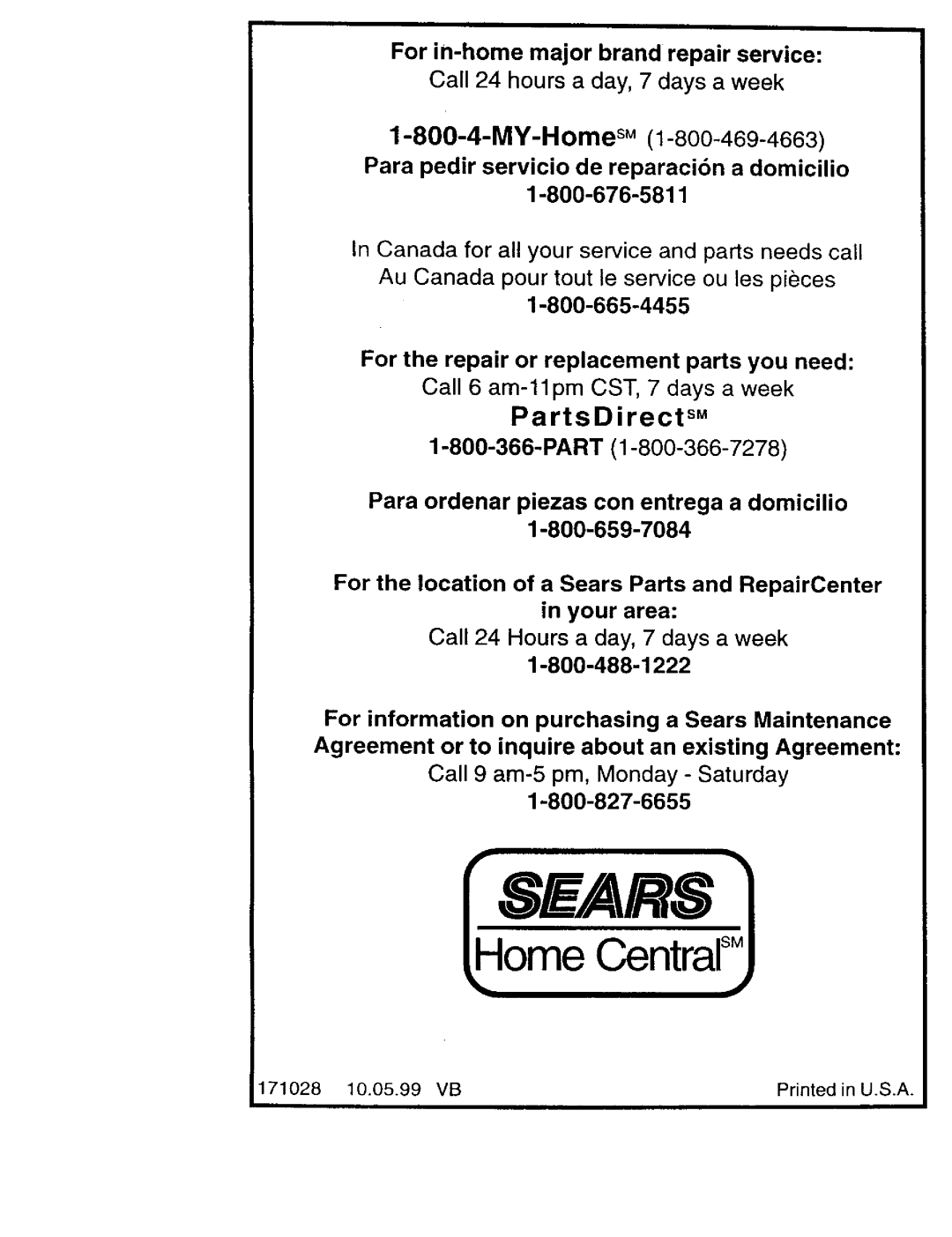 Craftsman 917.377544 owner manual PartsDirect sM, Sears, Home CentralSM, Para pedir servicio de reparacibn a domicilio 