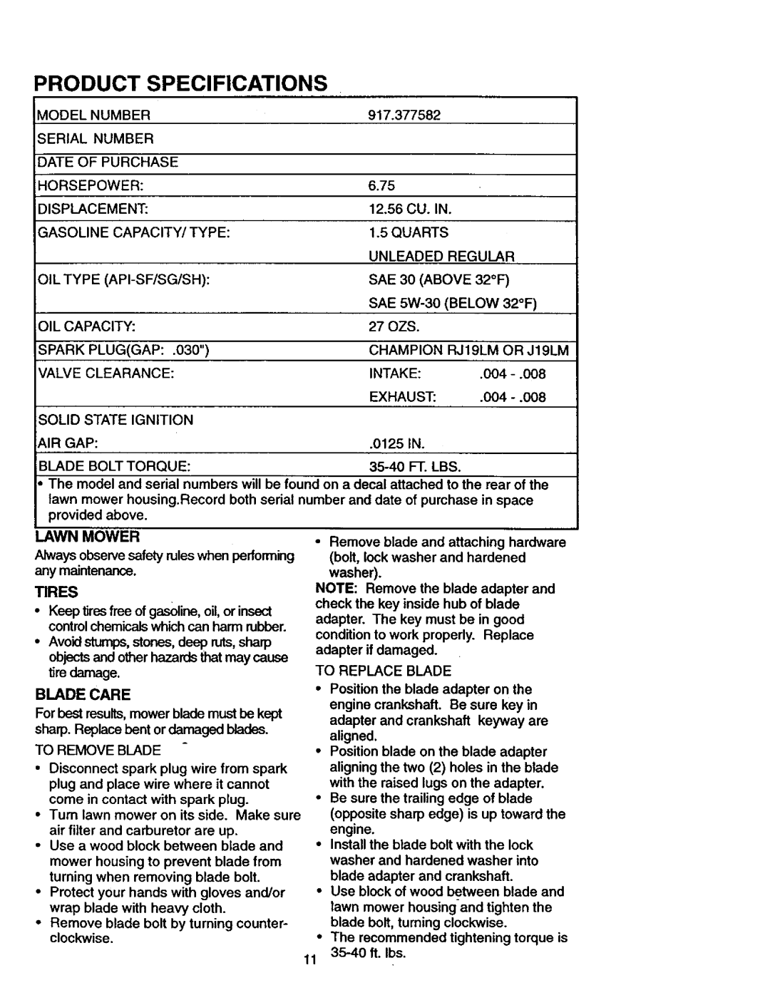 Craftsman 917.377582 owner manual Blade Care 