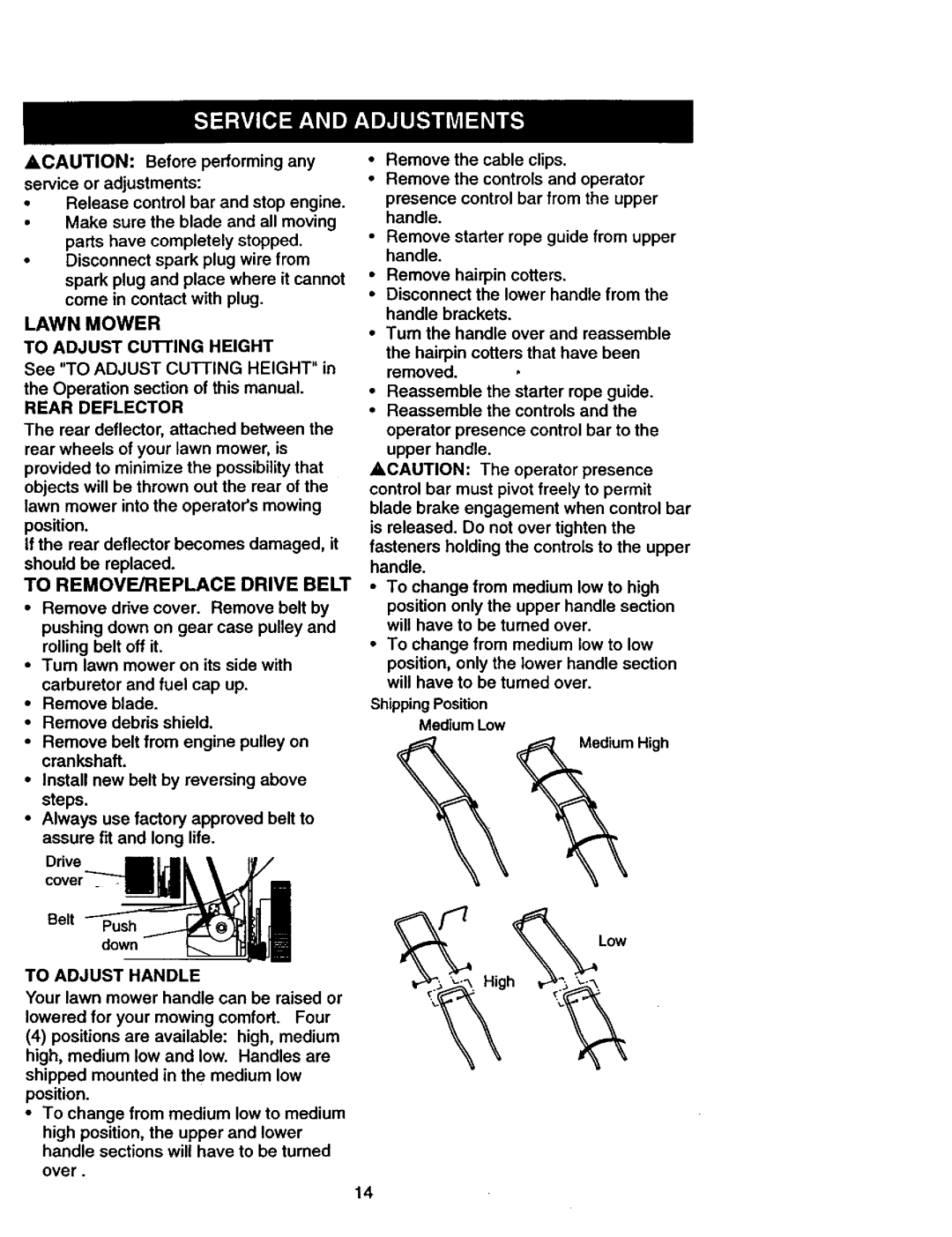 Craftsman 917.377582 owner manual Rear Deflector, To REMOVE/REPLACE Drive Belt, Low, To Adjust Handle 