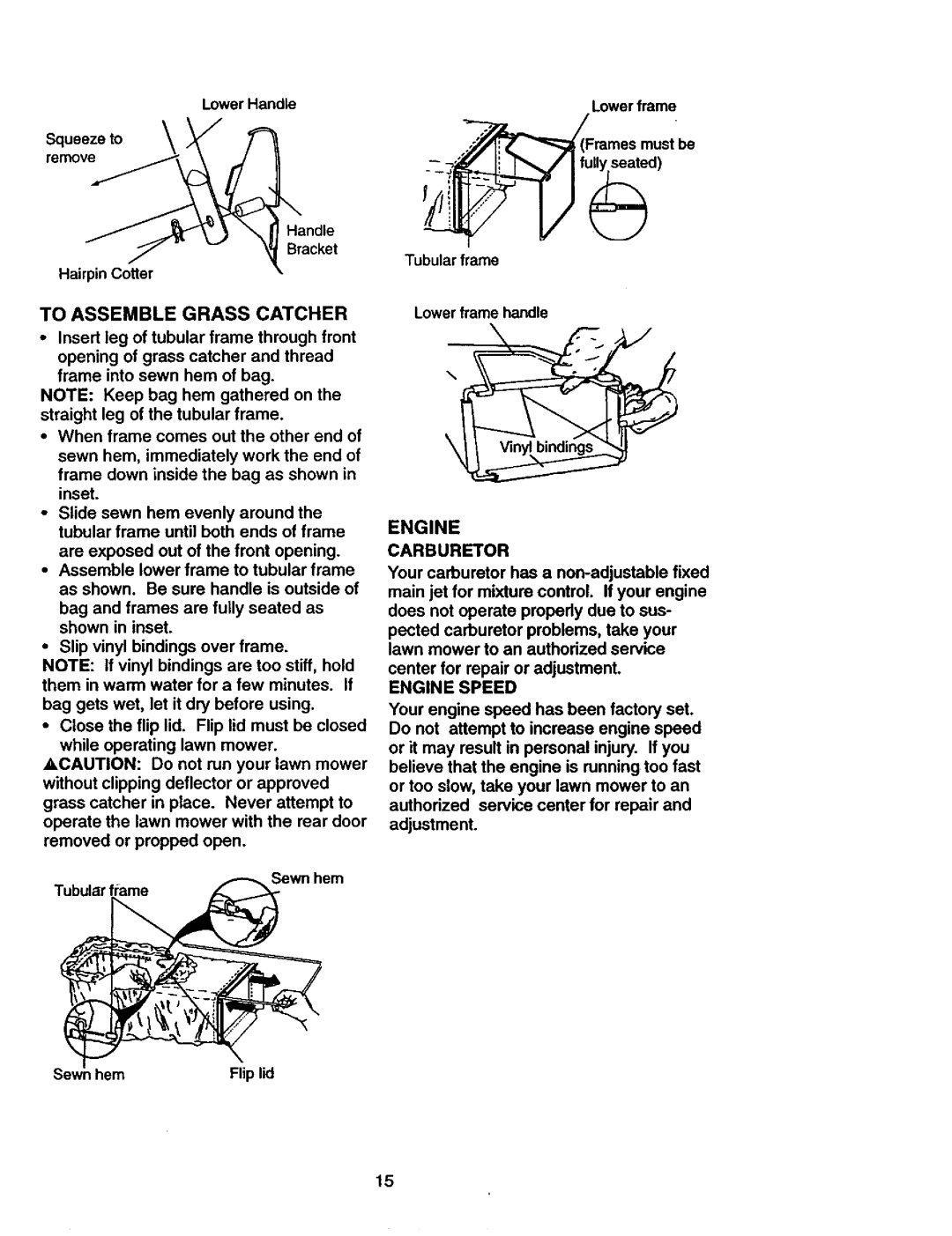 Craftsman 917.377582 owner manual To Assemble Grass Catcher, Fully seated, Lower frame handle, Carburetor, Engine Speed 