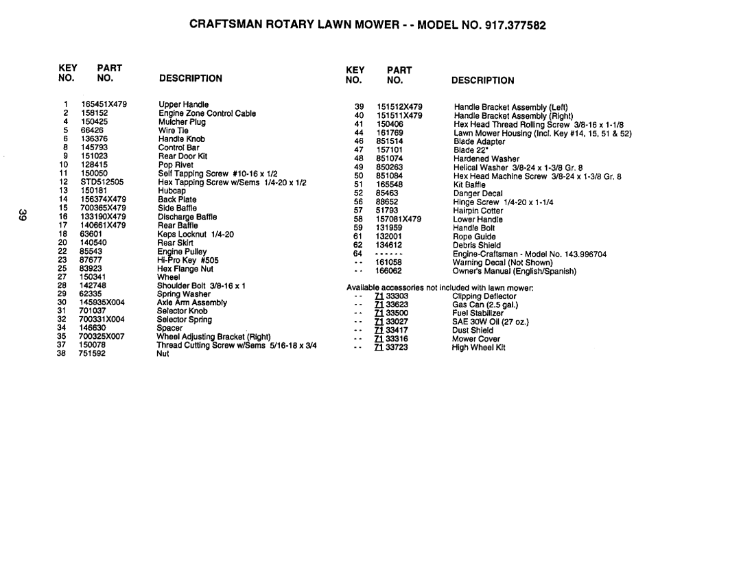 Craftsman 917.377582 owner manual Craftsman Rotary Lawn Mower - Model no, KEY Part NO. no 