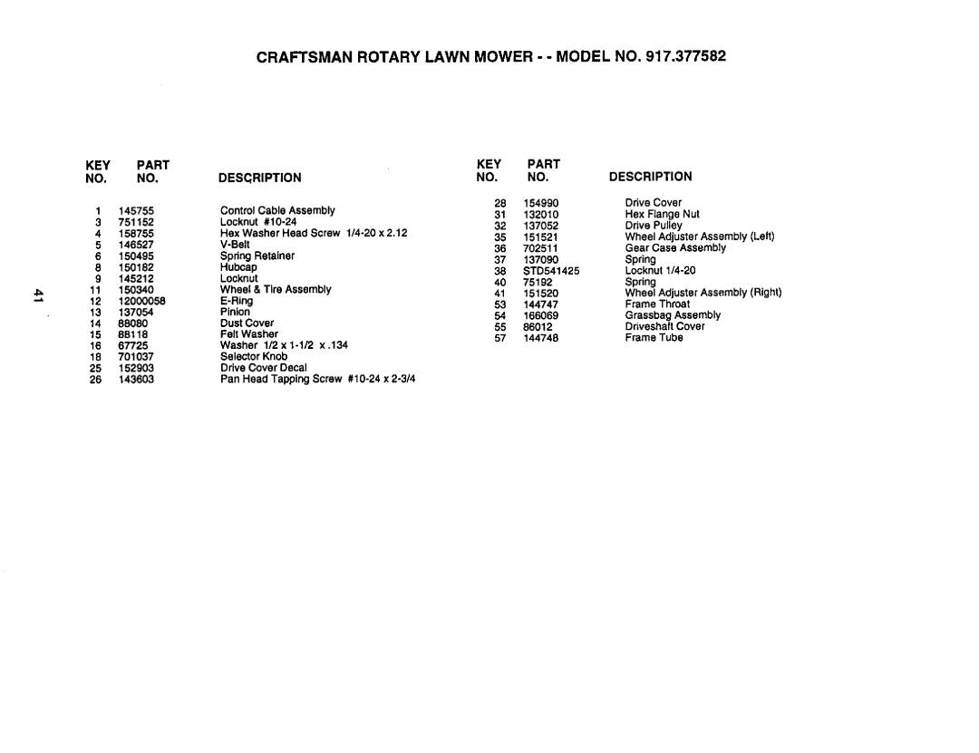 Craftsman 917.377582 owner manual KEY Part 