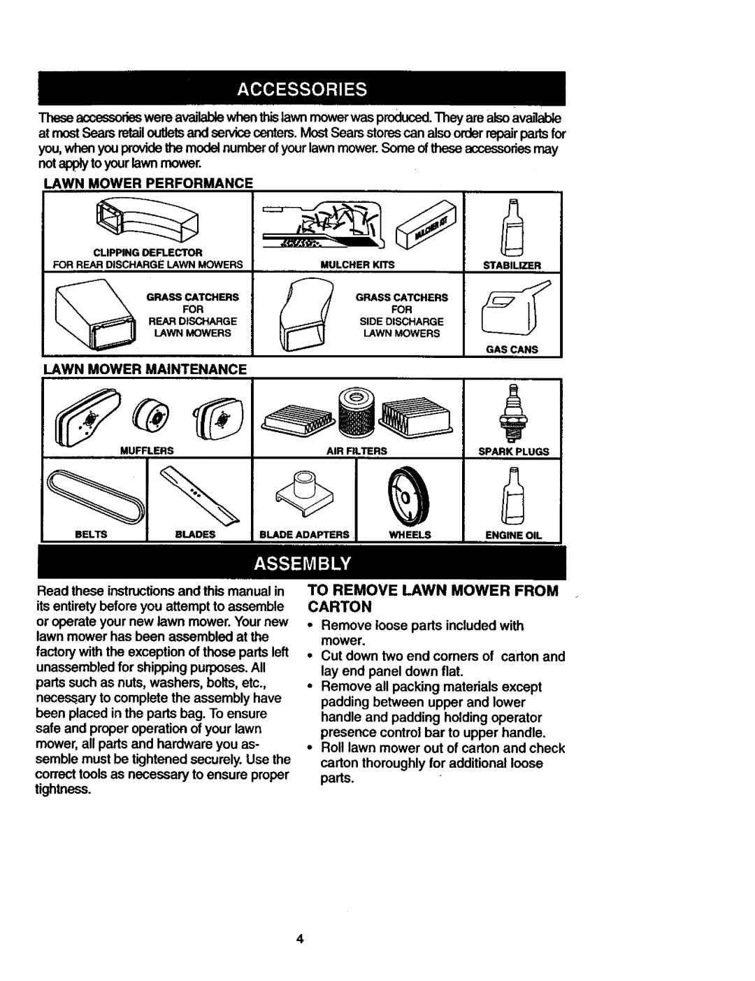 Craftsman 917.377582 owner manual To Remove Lawn Mower from Carton, Lawn Mower Performance, Lawn Mower Maintenance 