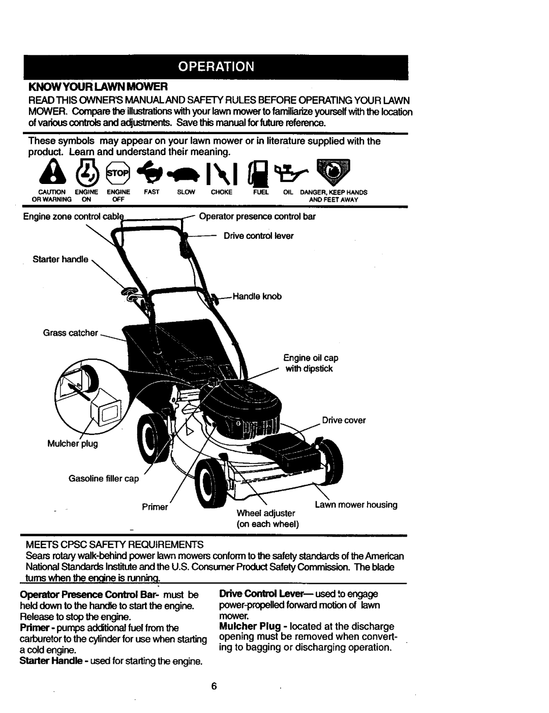 Craftsman 917.377582 Know Your Lawn Mower, Lawn mower housing Wheel adjuster on each wheel, Meets Cpsc Safety Requirements 