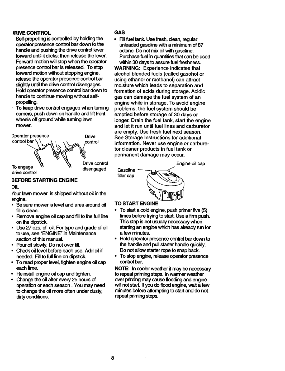 Craftsman 917.377582 owner manual Gas, Rive Control, 3EFORE Starting Engine OIL, To Start Engine 