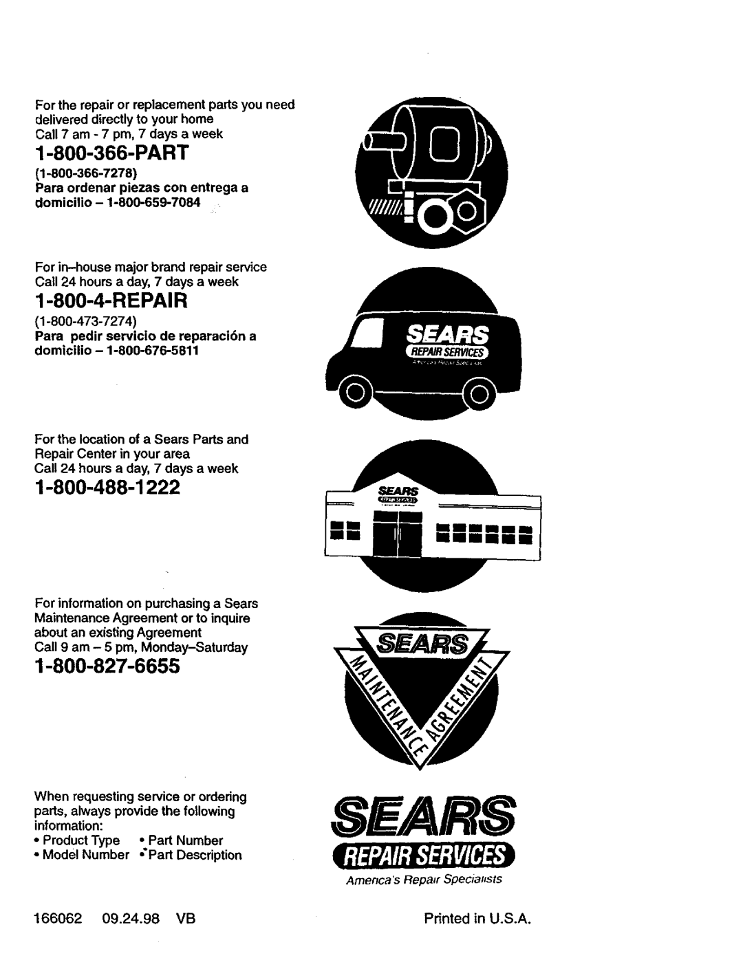 Craftsman 917.377582 owner manual Part, Repair, 166062, 09.24.98, Sears, mummmm, Americas Flepa r Specialists 