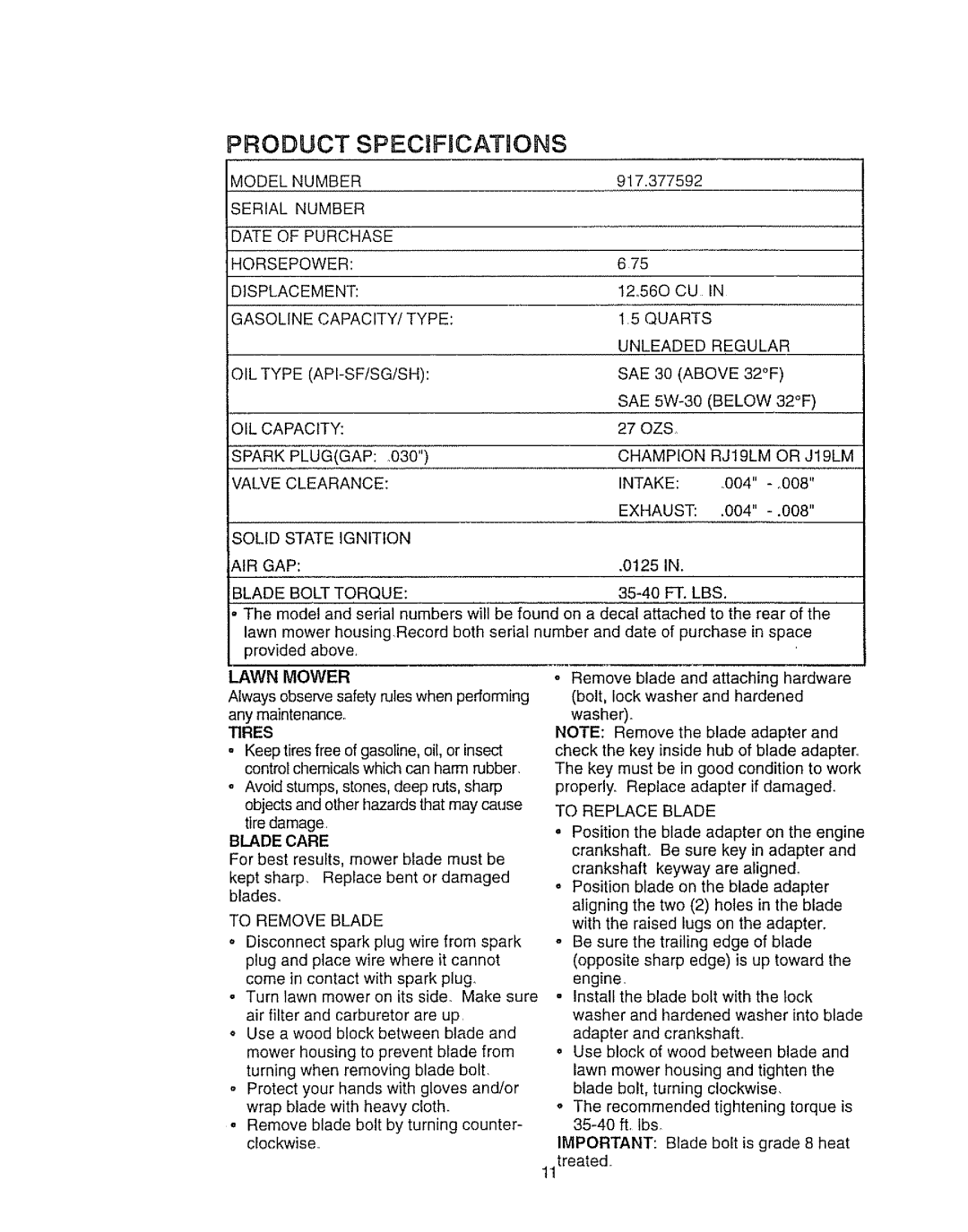 Craftsman 917.377592 manual Erial Number, Mower 