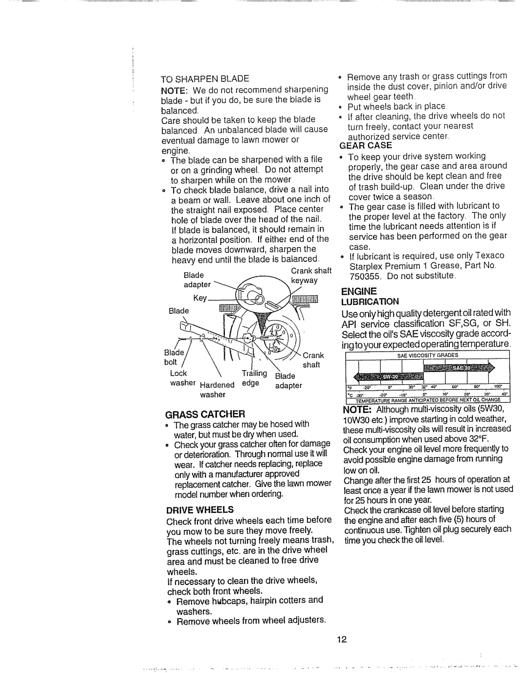 Craftsman 917.377592 manual Lubrication, To Sharpen Blade, Gear Case, Grass Catcher, Drive Wheels 