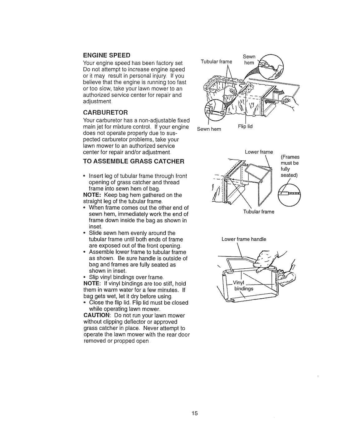 Craftsman 917.377592 manual Carburetor, To Assemble Grass Catcher, Lower frame, Fully 