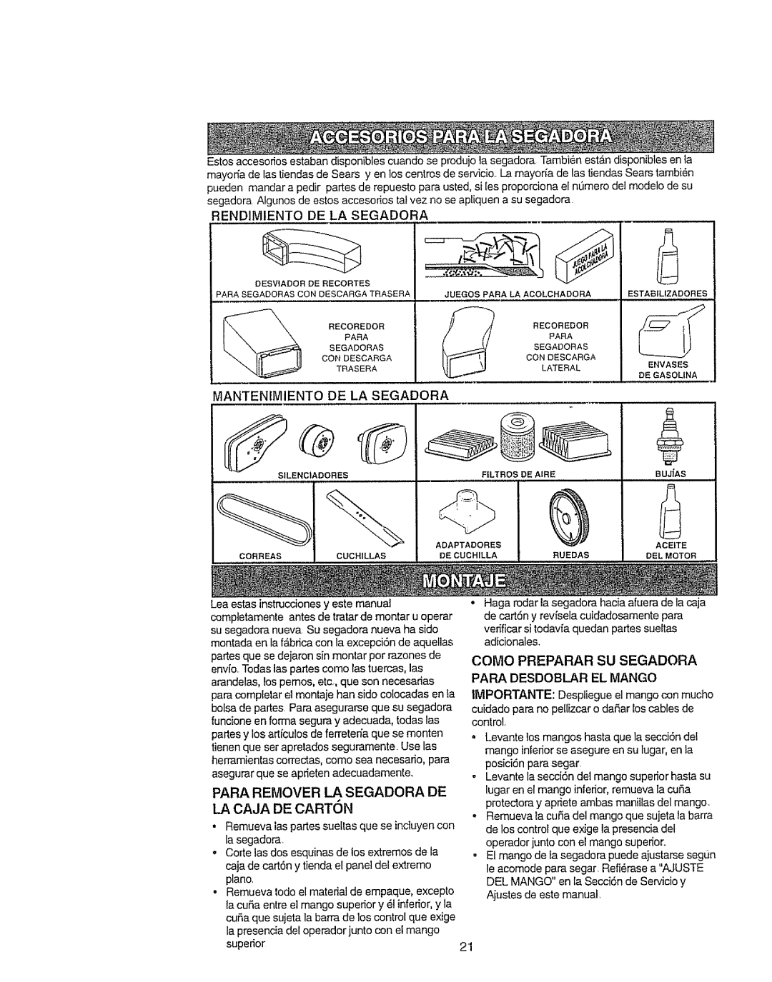 Craftsman 917.377592 manual LA Caja DE Carton, Rendimiento DE LA Segadora, Mantenimiento DE LA Segadora 