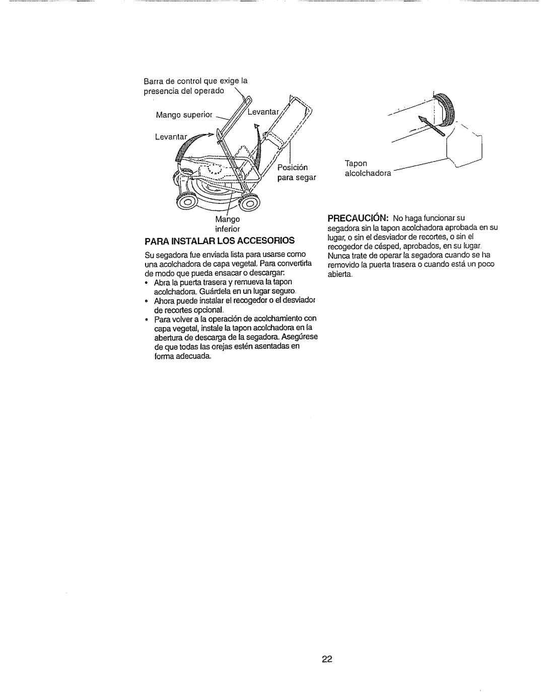 Craftsman 917.377592 manual Bata de control que exige la presencia del operado, Posici6n Para segar Mango inferior 