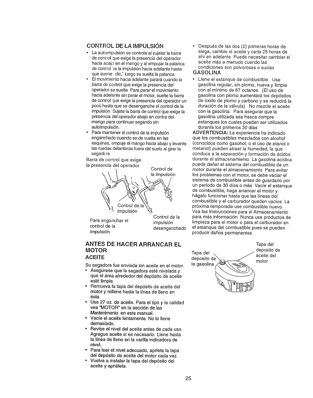 Craftsman 917.377592 manual Antes DE Hacer Arrancar EL Motor Aceite, Gasolina 