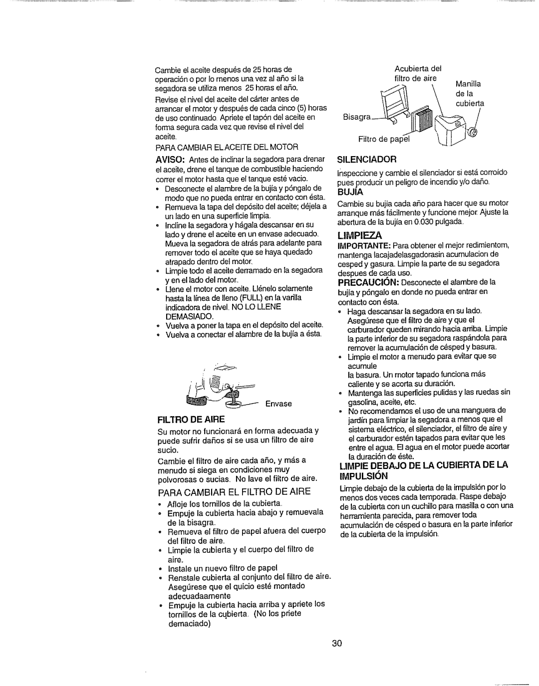 Craftsman 917.377592 manual Limpieza, Filifiode Aire, Para Cambiar EL Filtro DE Aire, Bujia 