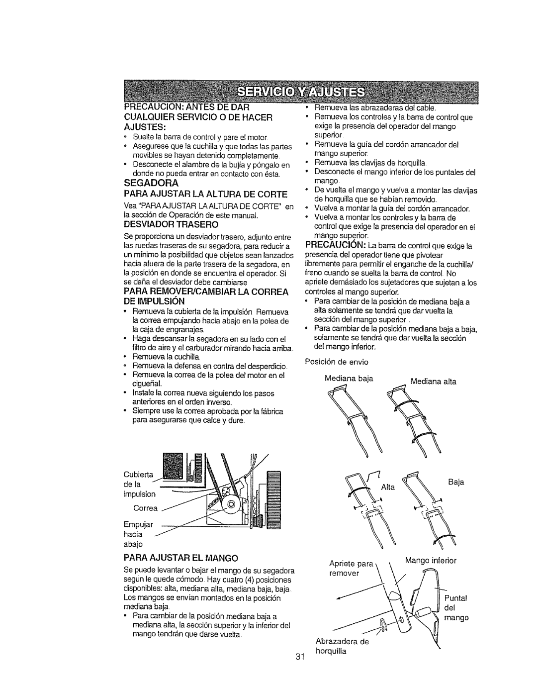 Craftsman 917.377592 manual Segadora Para Ajustar LA Altura DE Carte, Para Ajustar EL Mango, Desviador Trasero 