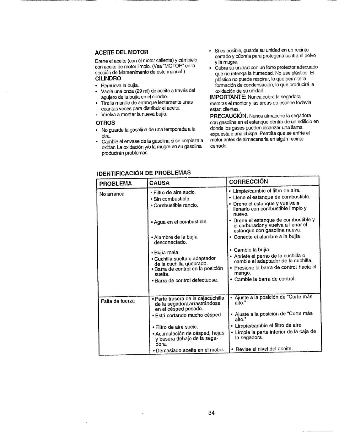 Craftsman 917.377592 manual Aceitedel Motor, Otros, DE Problemas Causa 