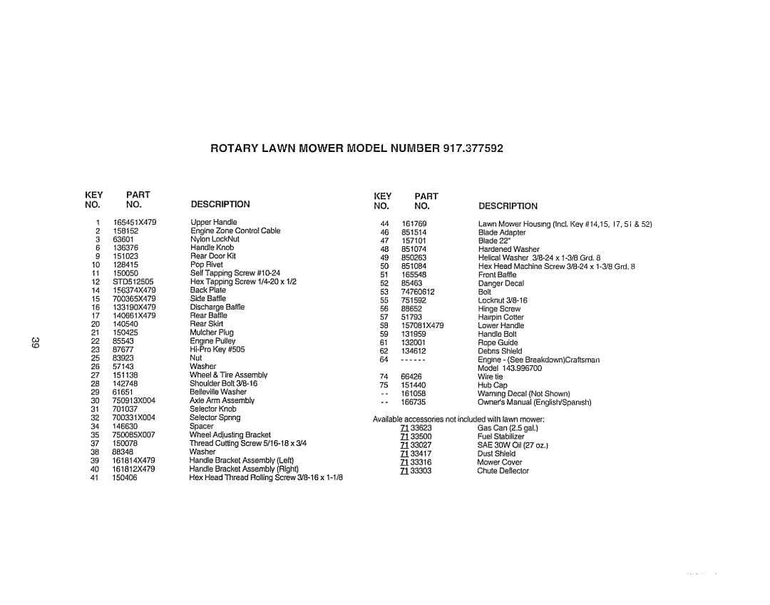 Craftsman 917.377592 manual Rotary Lawn Mower Model Number KEY Part Description, NO. no 